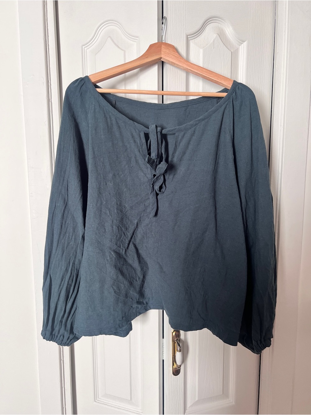 Handmade!! Boho Women's dark teal Peasant Top with Tie Neck